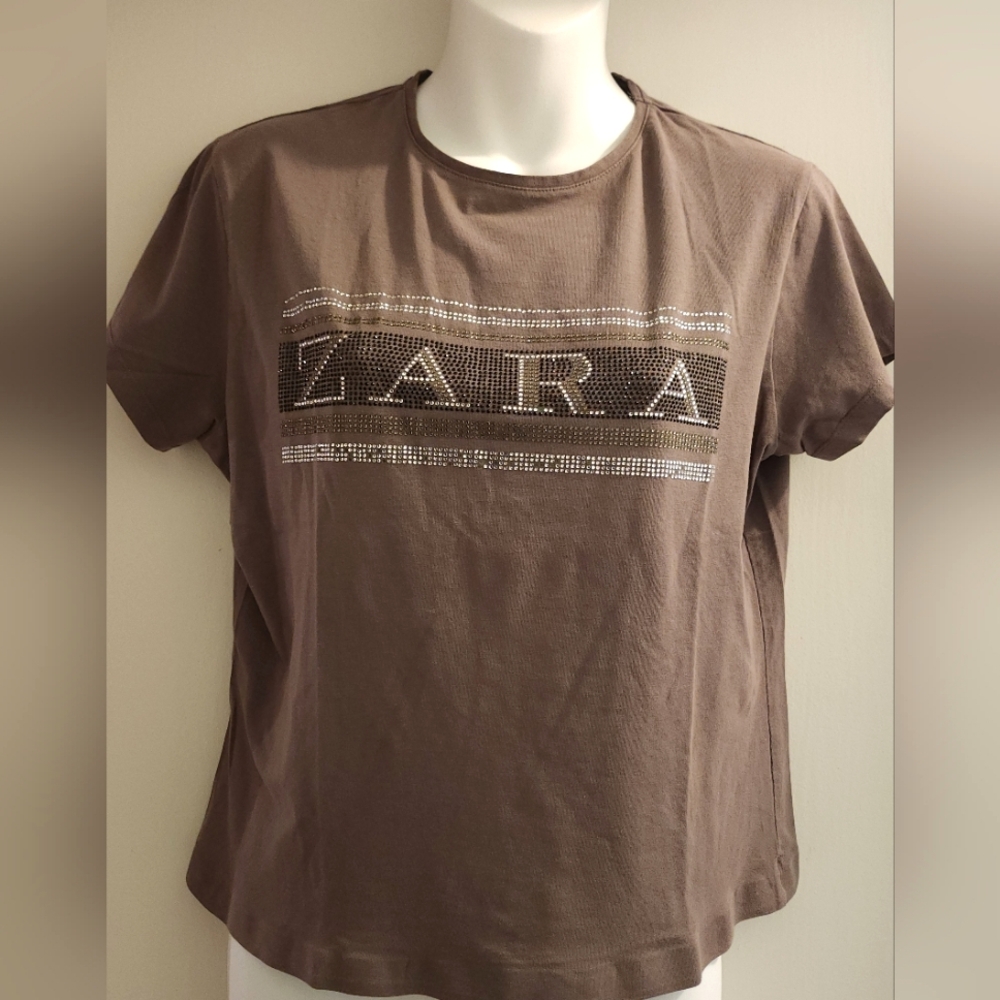Zara Brown Women's Tee With Crystals. Size Xl ( Slim Fit)